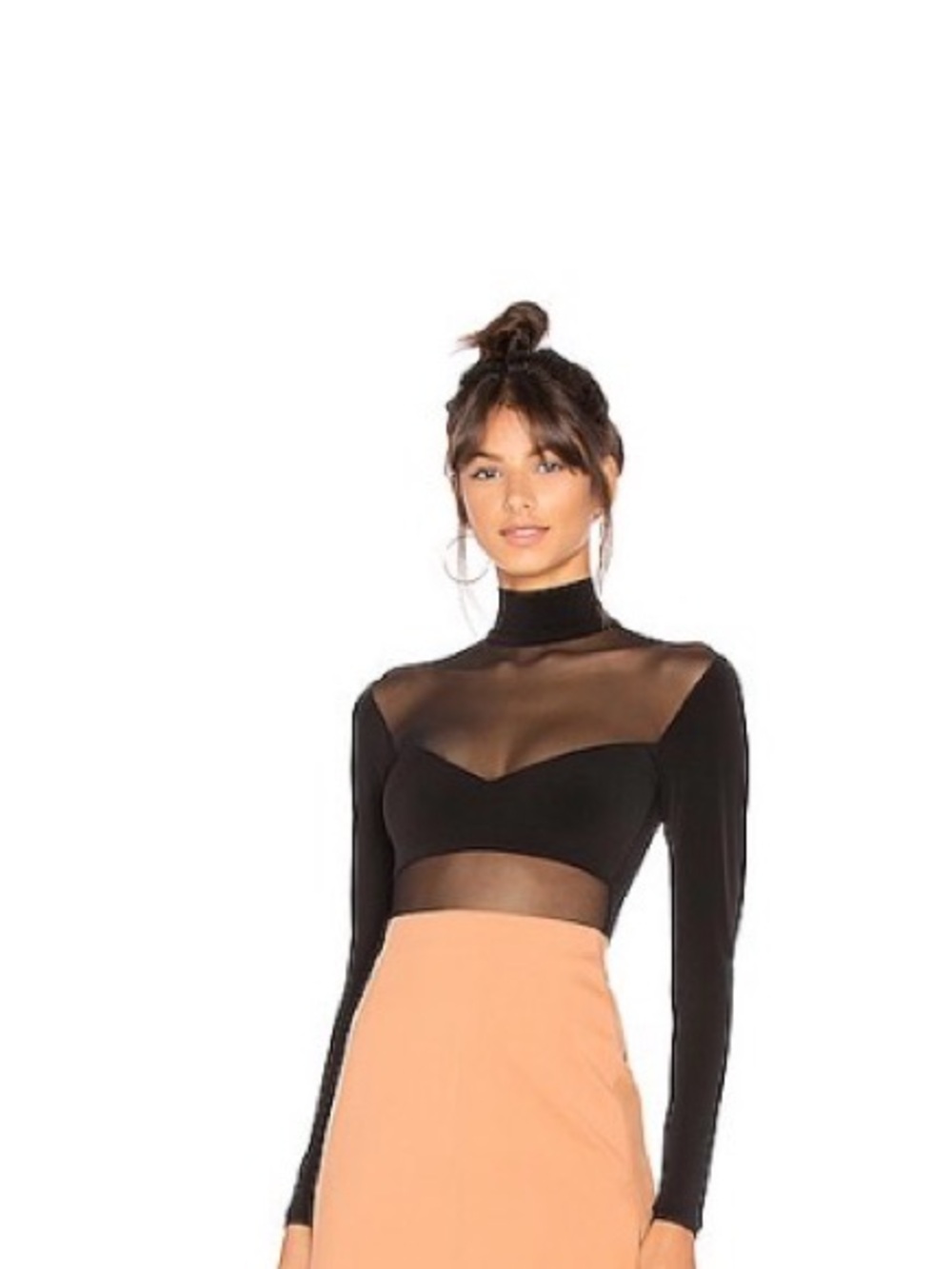 Nookie Black Sheer-Panel Mock Neck Long Sleeve Bodysuit with Mesh Insets